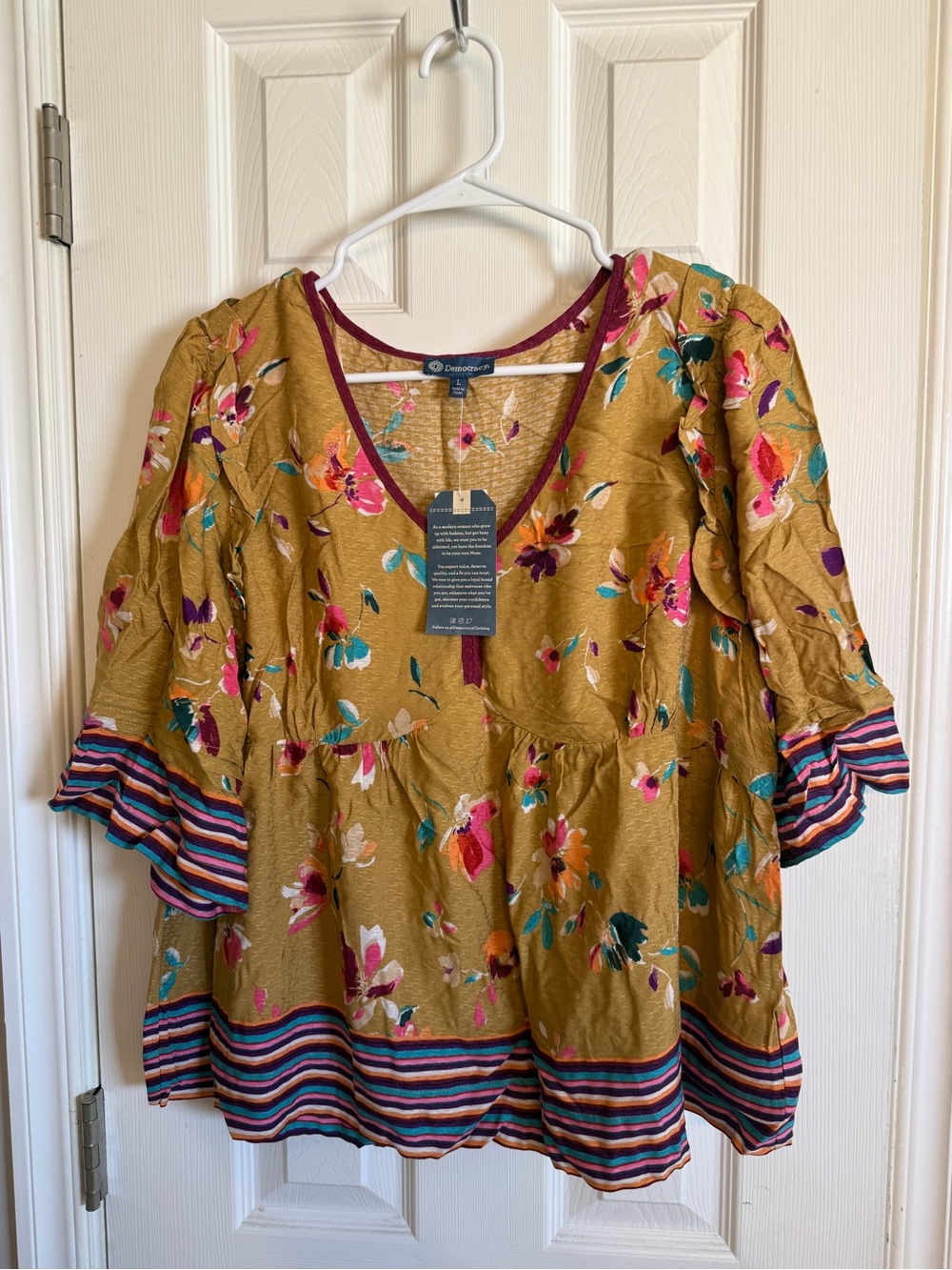 Democracy Mustard Floral V-Neck Peasant Top with Multicolor Striped Trim - Picture 1 of 3